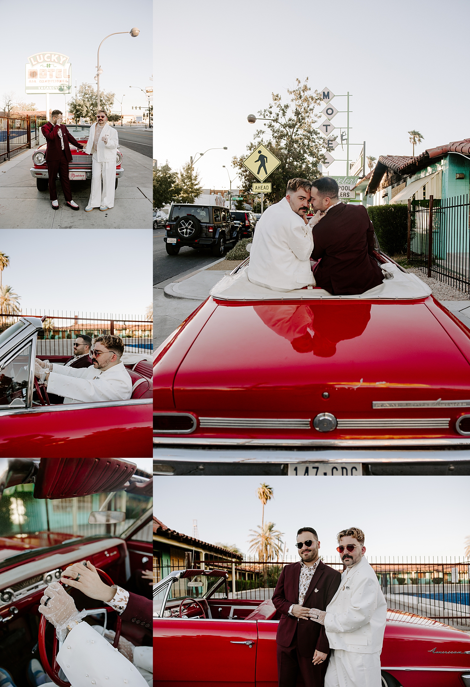couple sits on the back of old red sports car at Sure Thing Too