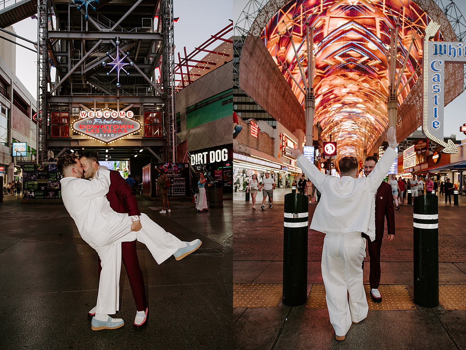 men dip for a kiss in front of neon signs by Katelyn Faye Photo