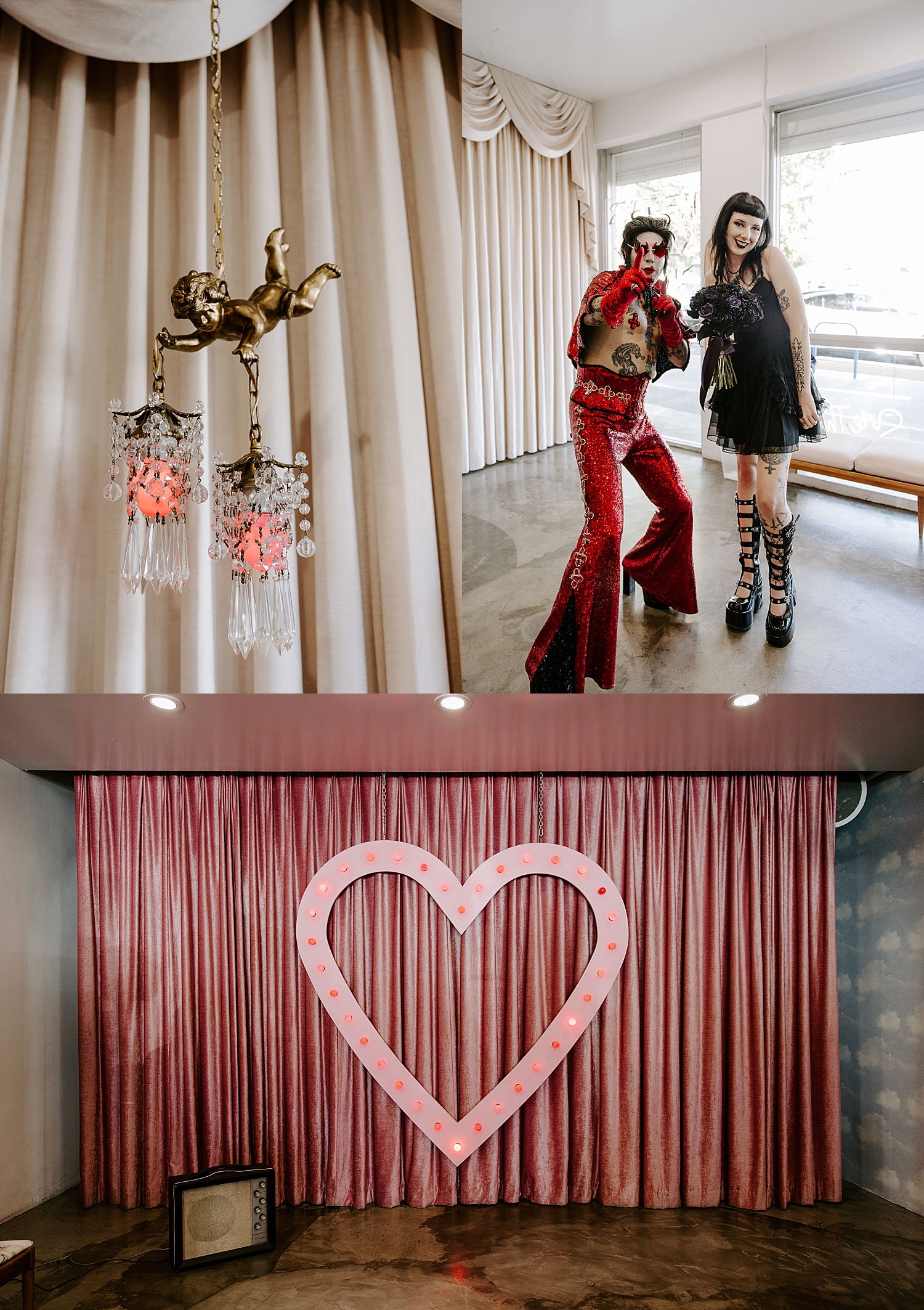 bride in all black stands next to impersonator for elopement with Hellvis