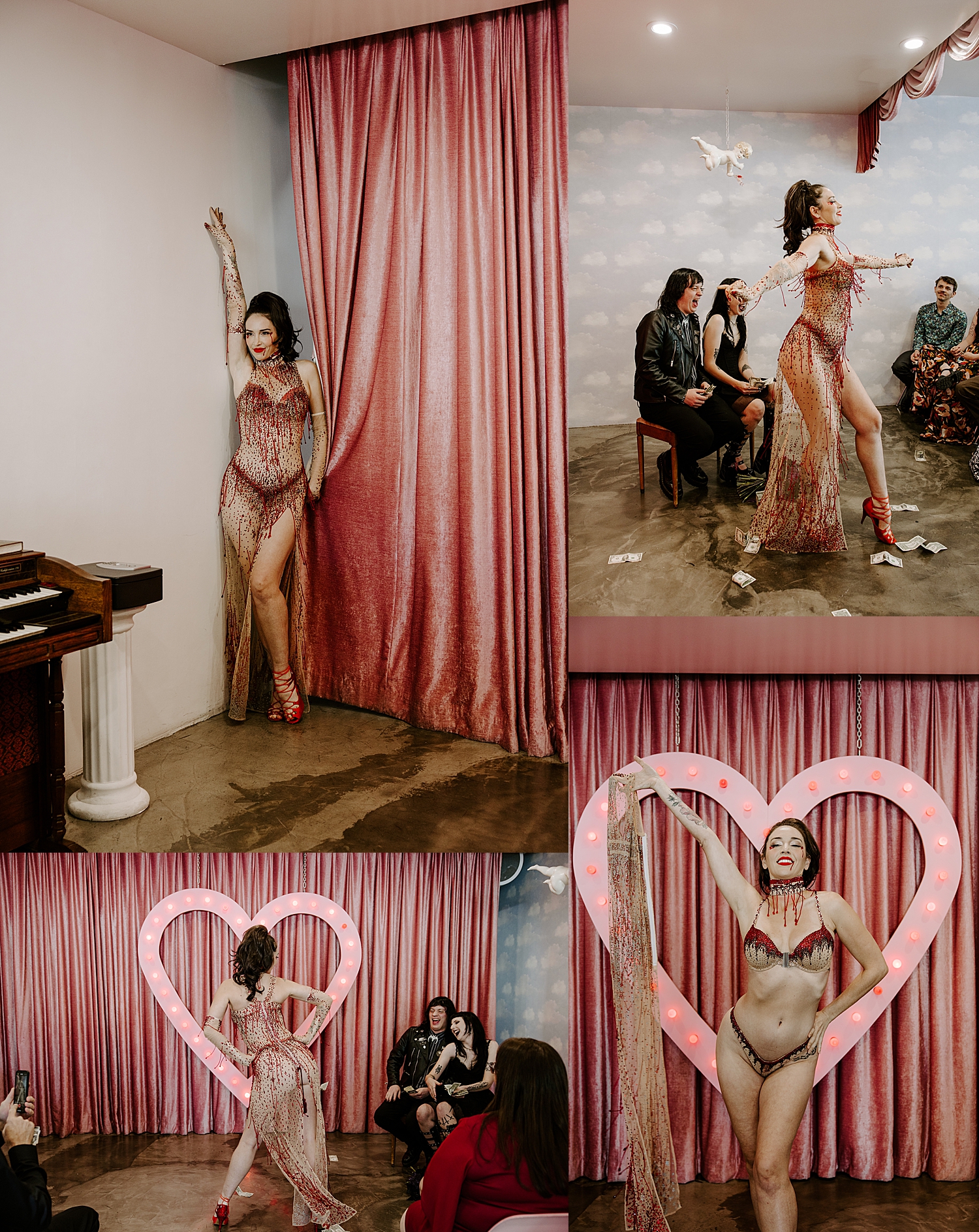 burlesque dancer emerges from curtain at Sure Thing chapel by Katelyn Faye Photo