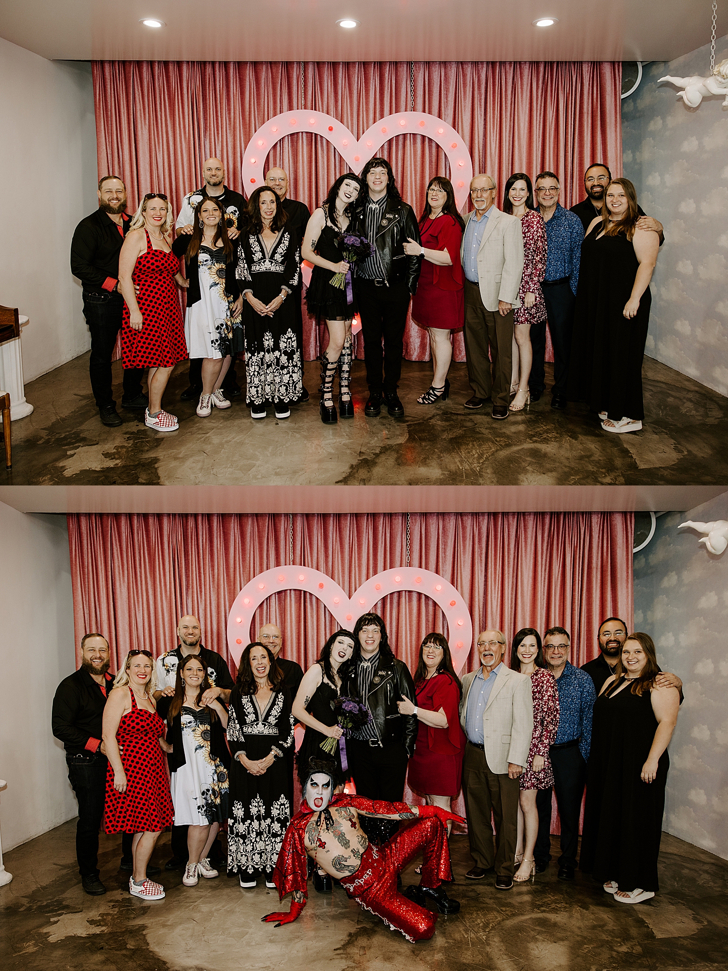 guests stand all together in front of curtain, photo bombed by impersonator by Katelyn Faye Photo