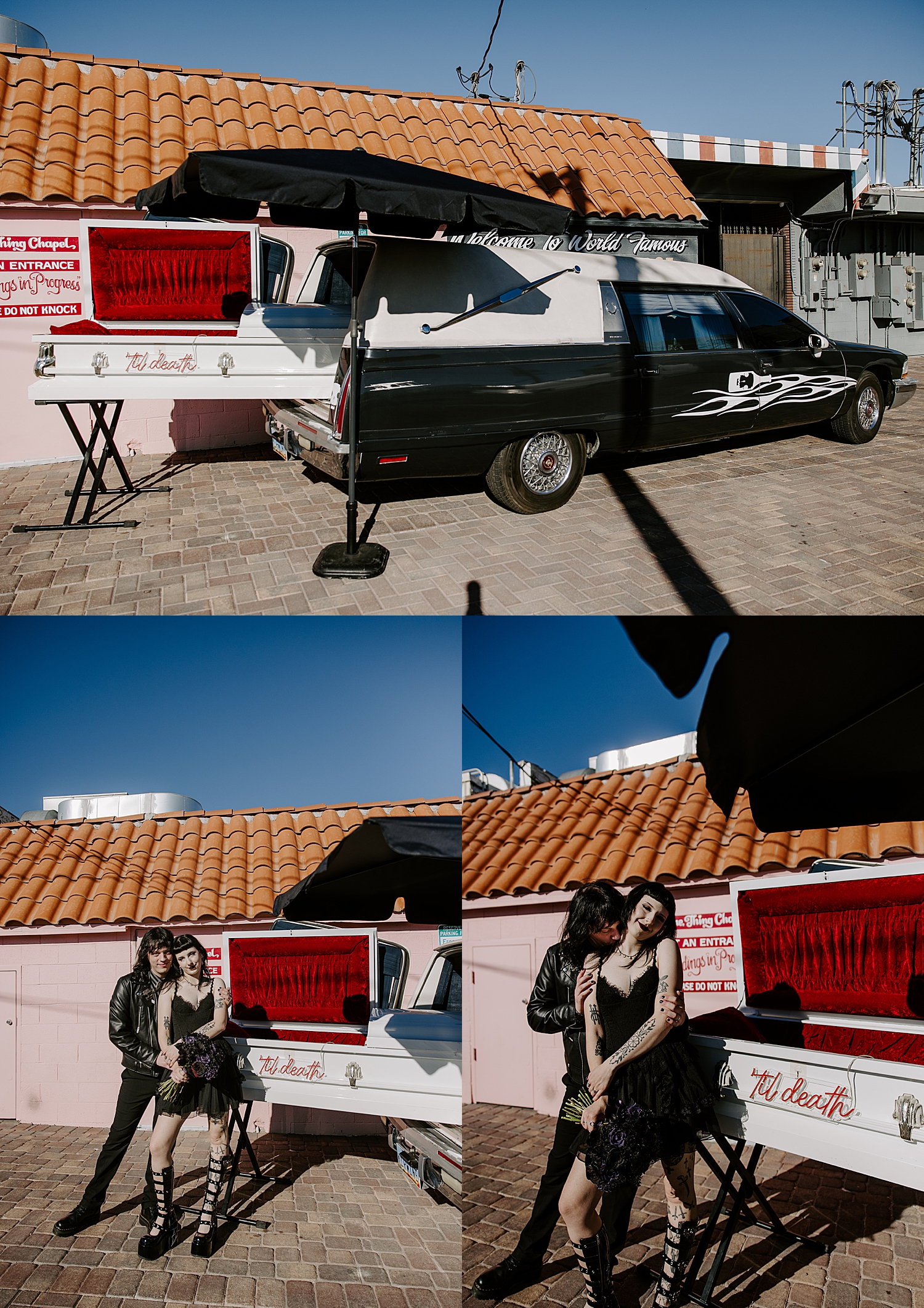 newlyweds wearing leather stand in front of hurst by Las Vegas wedding photographer