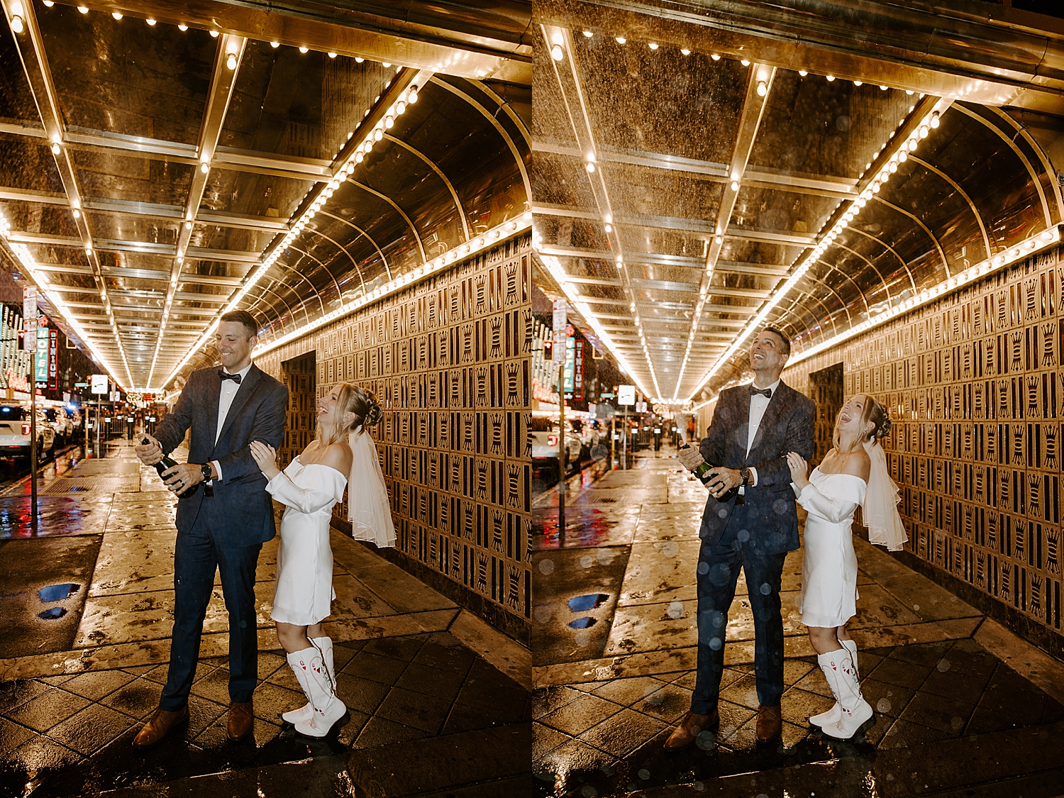 groom pops bottle of champagne on fremont street by Katelyn Faye Photo
