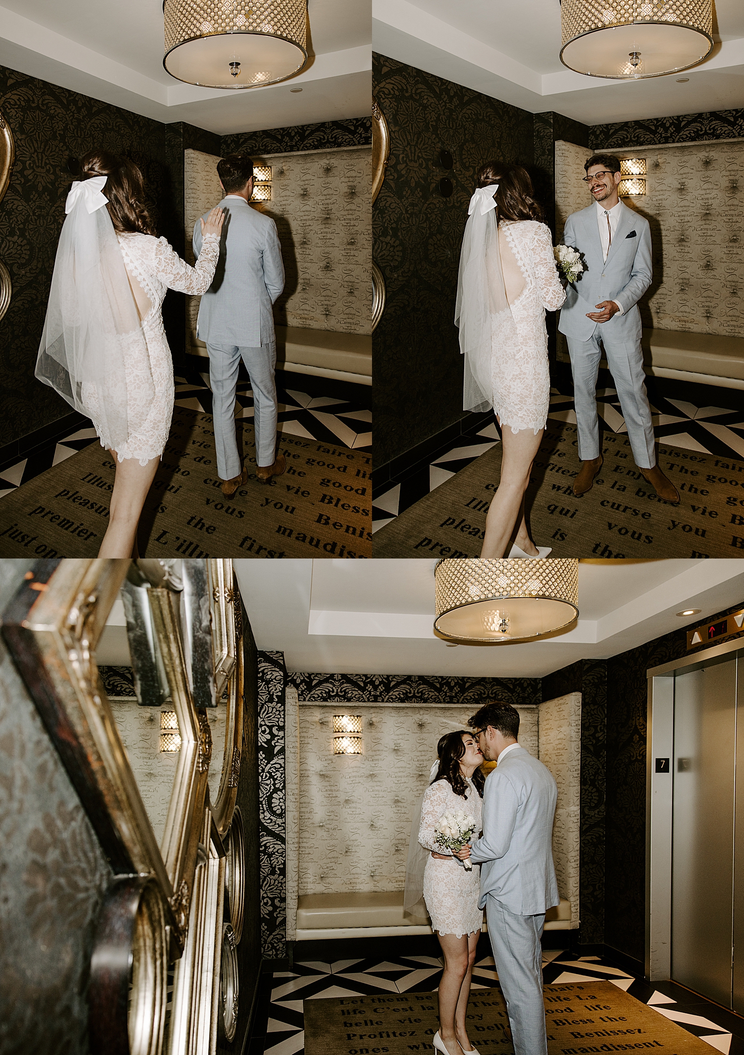woman surprises man during first look at hotel by Las vegas wedding photographer 