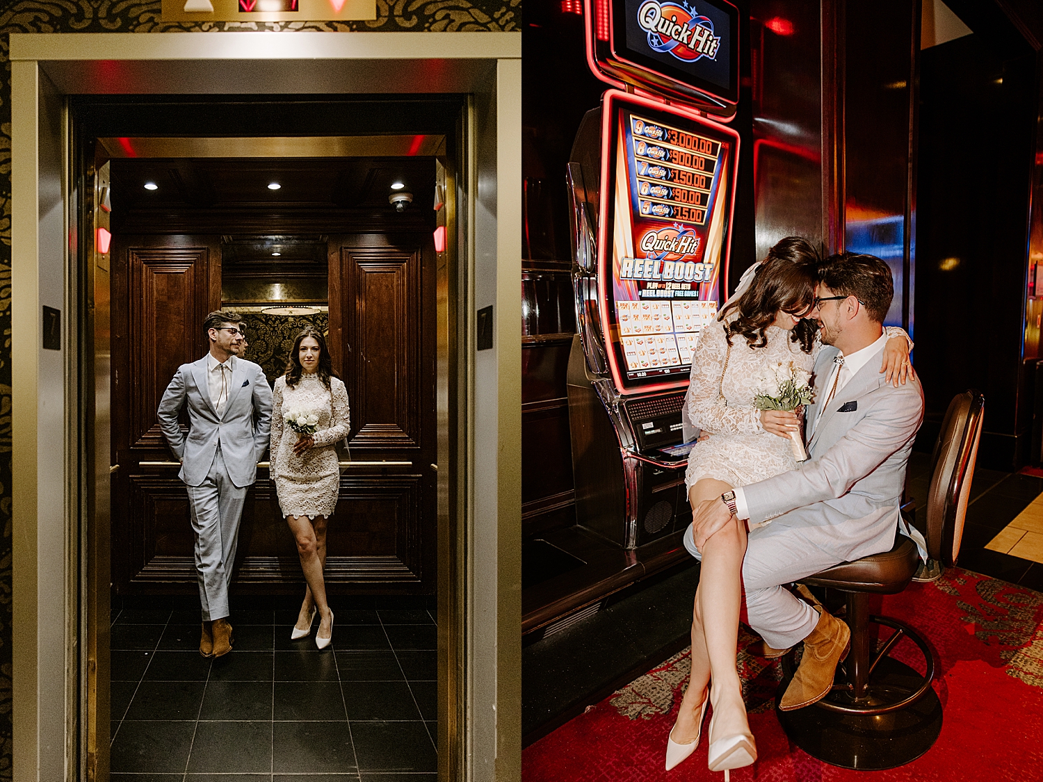 brunette couple stand in elevator by Katelyn Faye Photo