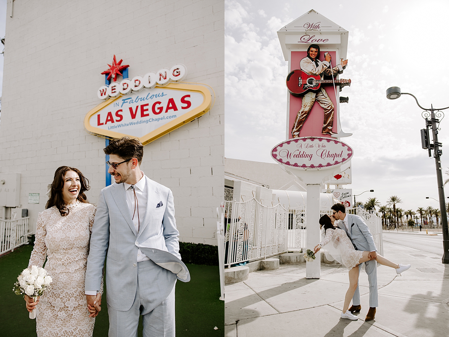 newlyweds stand under chapel sign on street by Katelyn Faye Photo