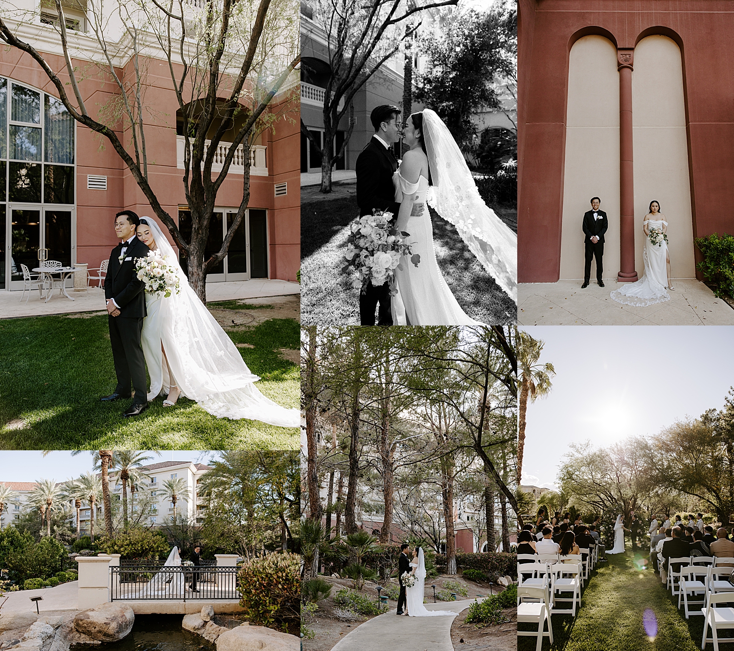 man and woman stand under large trees by Las vegas wedding photographer 