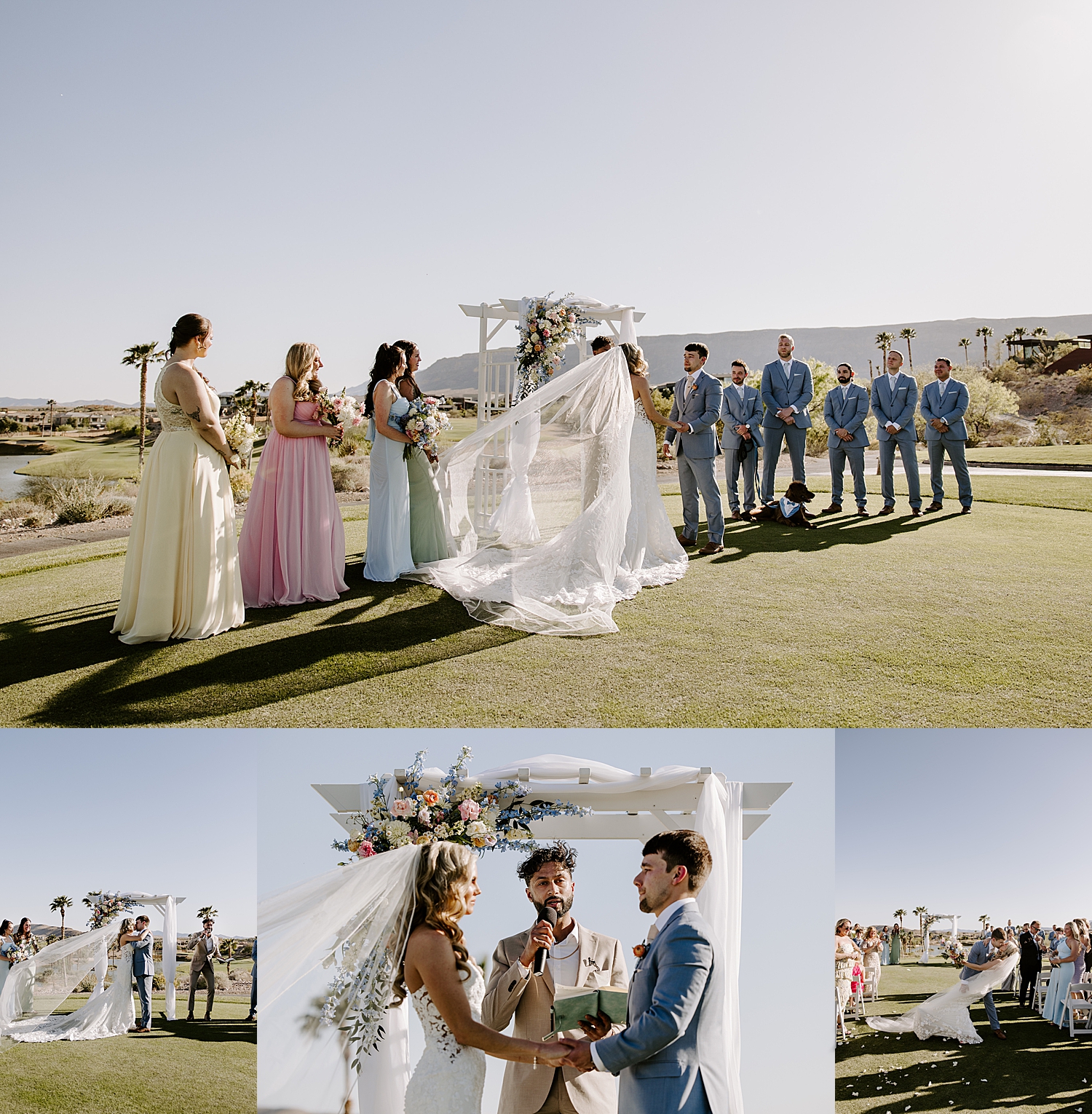bride's veil whips in the wind during ceremony by Las vegas wedding photographer 
