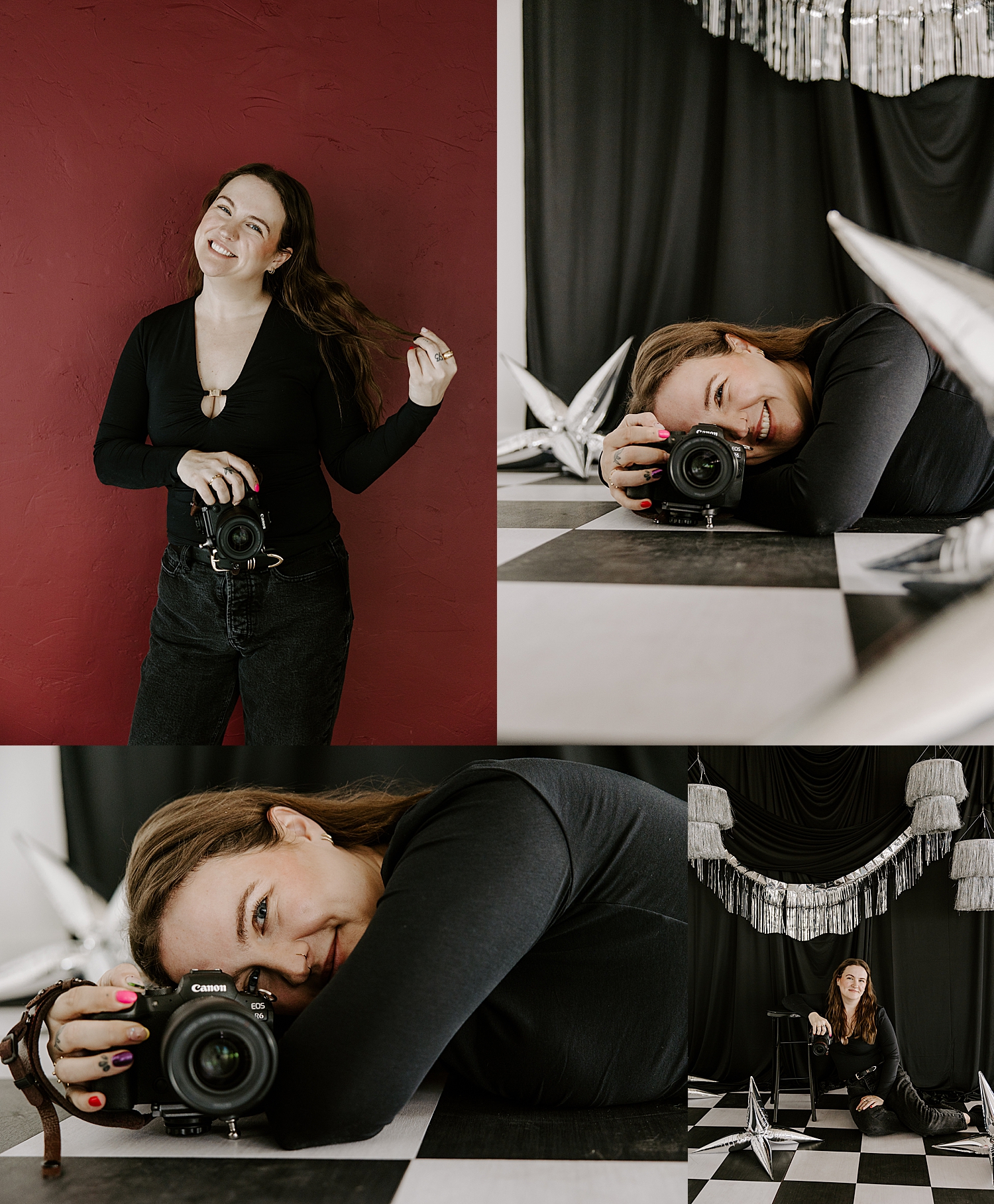 Las vegas wedding photographer lies on floor in studio