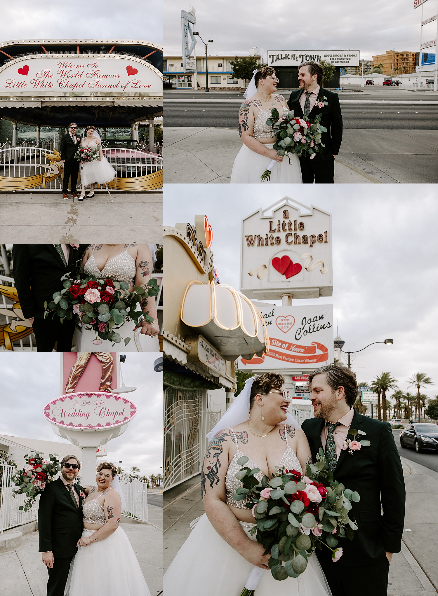 newlyweds stand under little white chapel sign by Katelyn Faye Photography