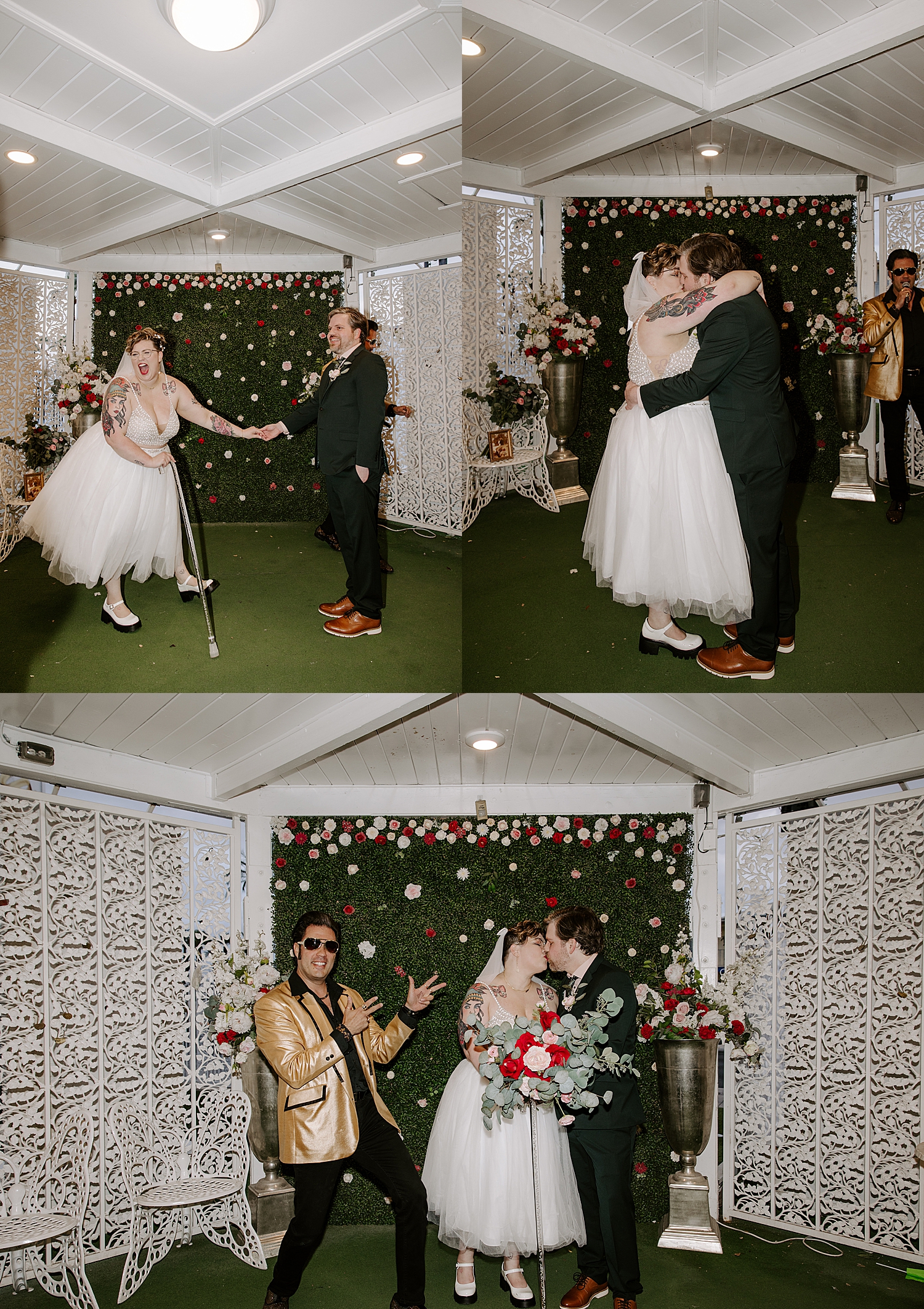 newlyweds share a kiss while officiant points by Las Vegas wedding photographer