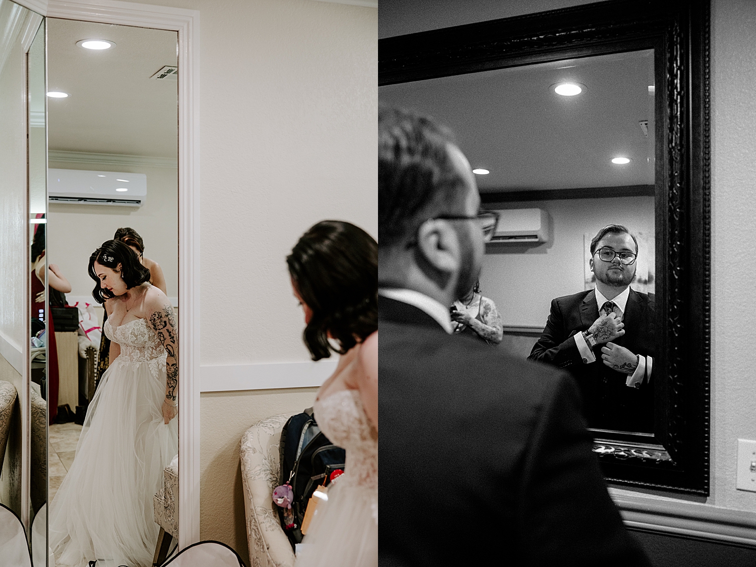 bride and groom get ready with their friends by Las Vegas wedding photographer