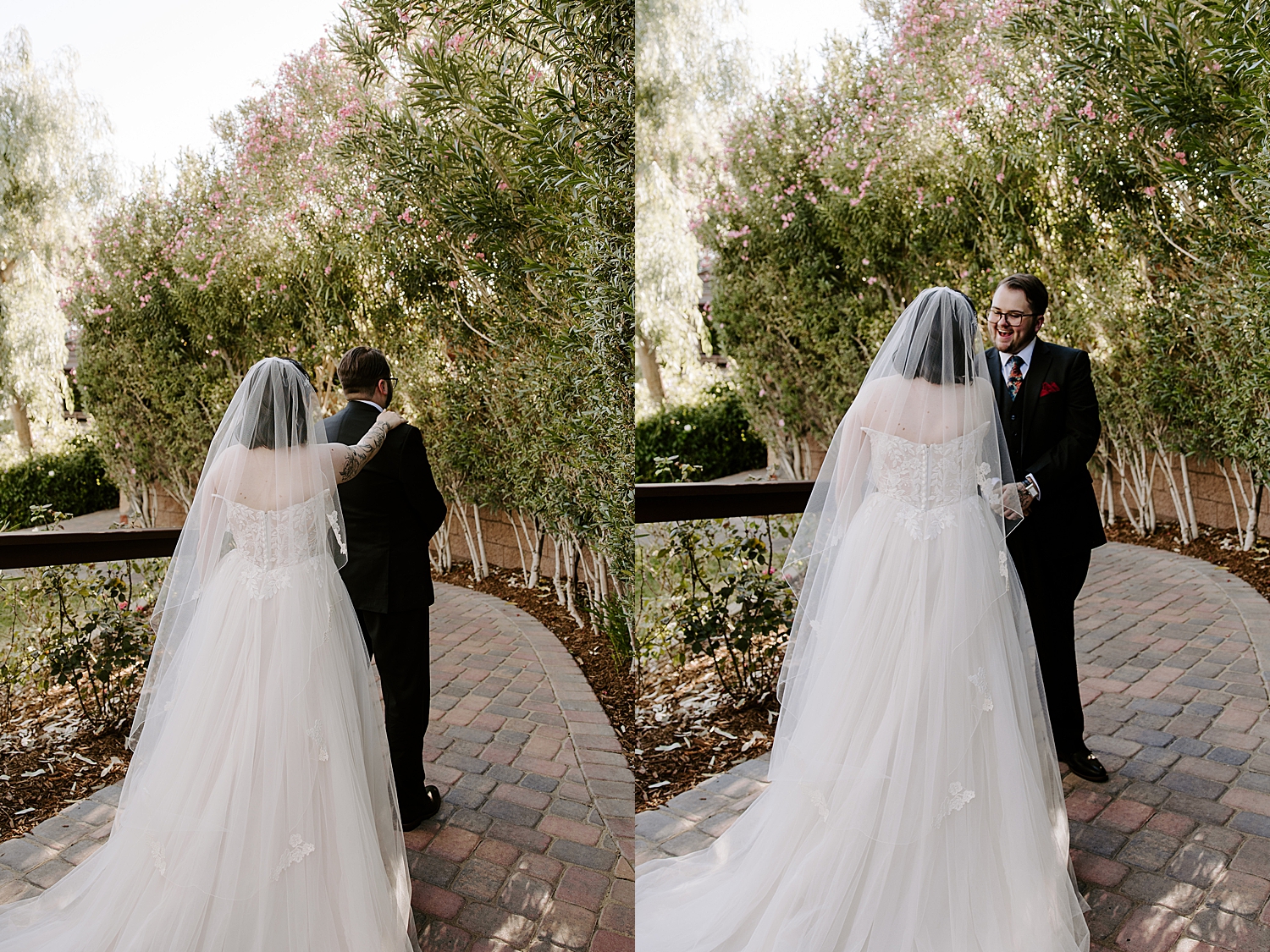 woman approaches man for first look on patio by Katelyn Faye Photography