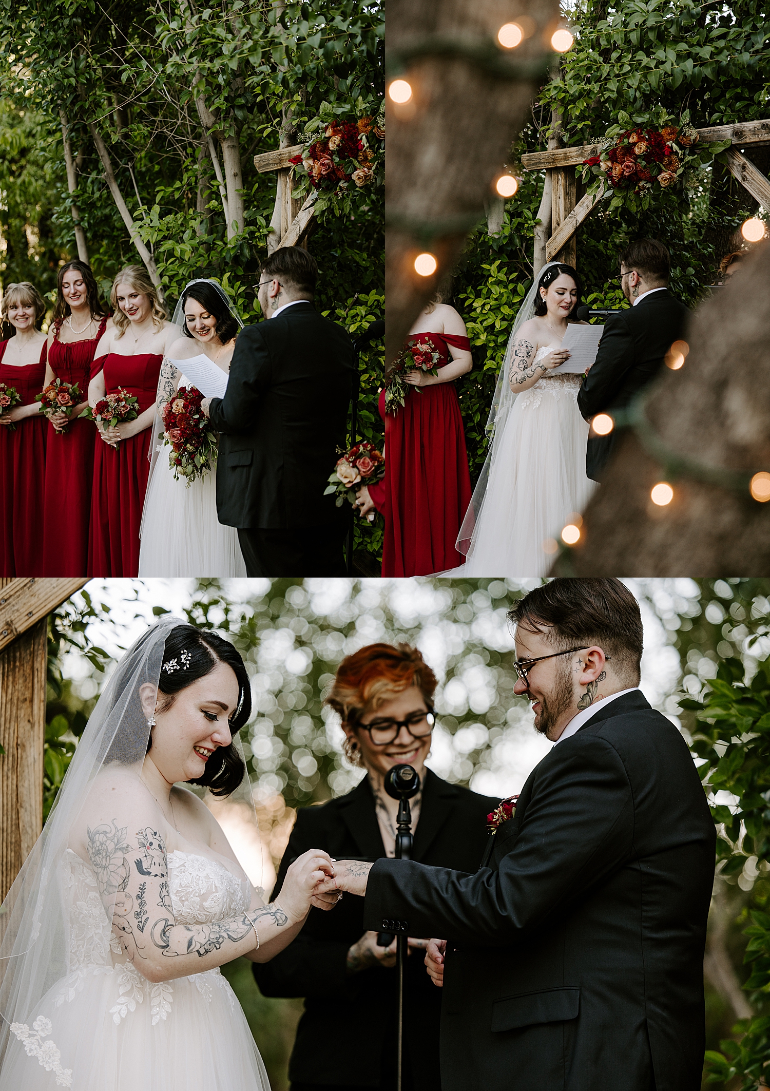 brunette bride exchanges rings with groom at The Grove