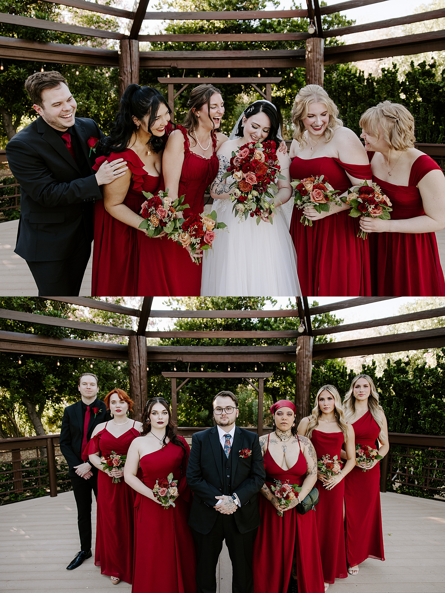 bridal party in red dresses surrounds couple at The Grove