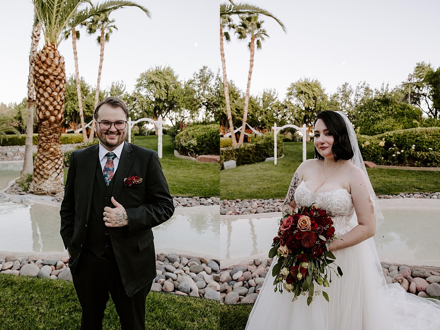 husband and wife stand in front of pond by Las Vegas wedding photographer