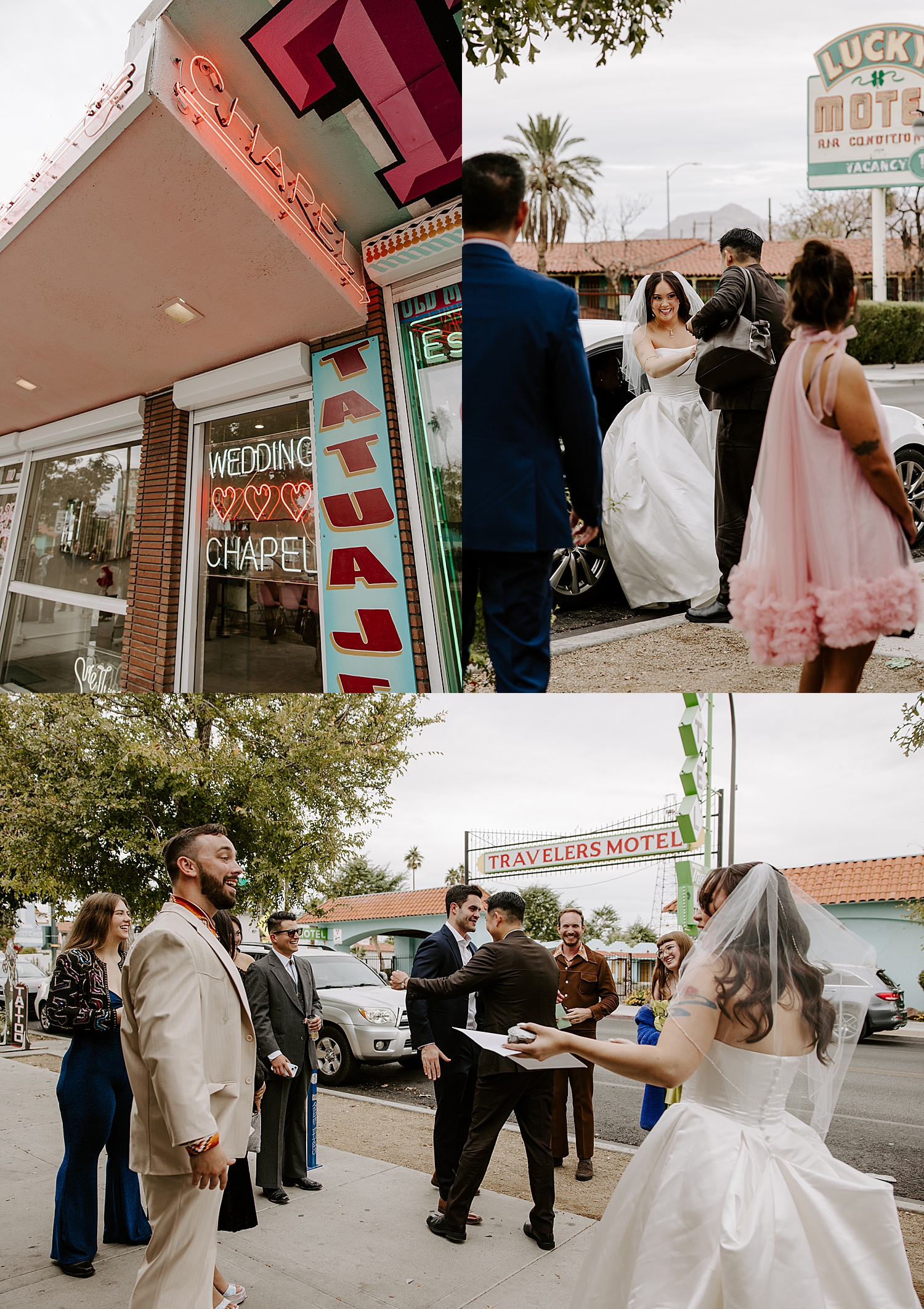 bride and groom arrive at Sure Thing Chapel for their Fun-Filled Celebration