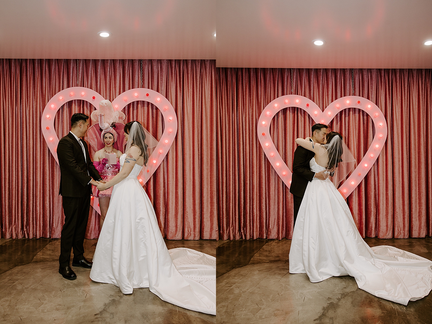 couple says I Do in front of giant red heart by Katelyn Faye Photo