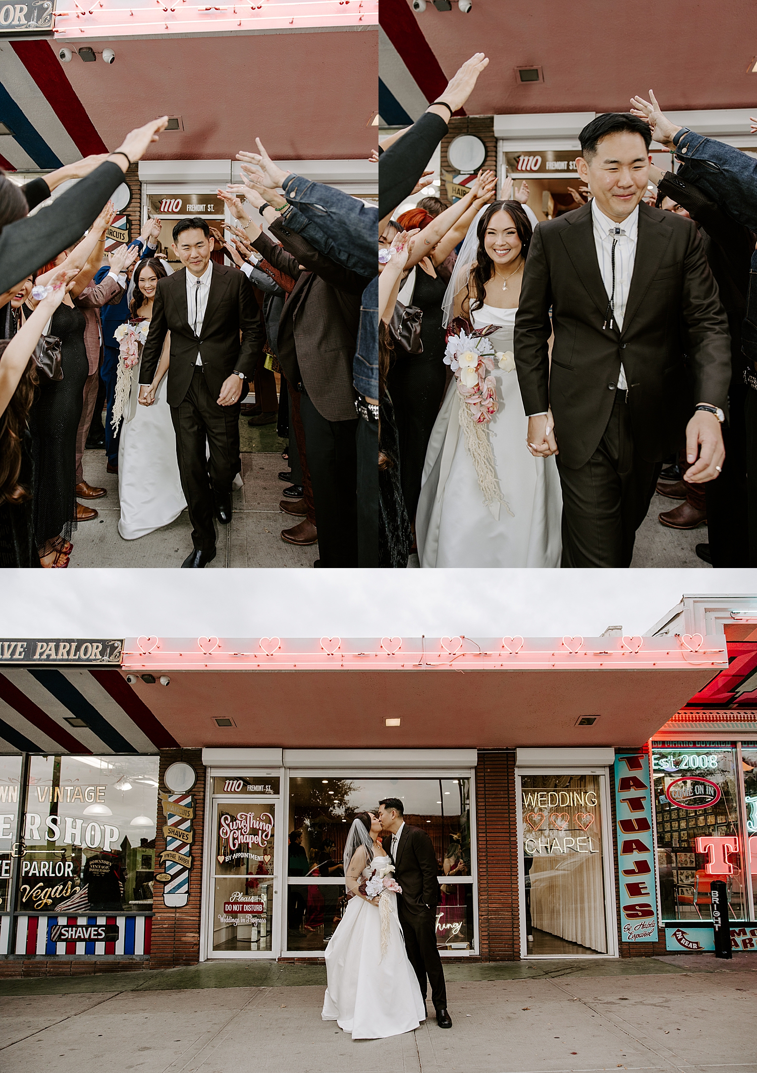 newlyweds walk through friend's arch by Las Vegas wedding photographer