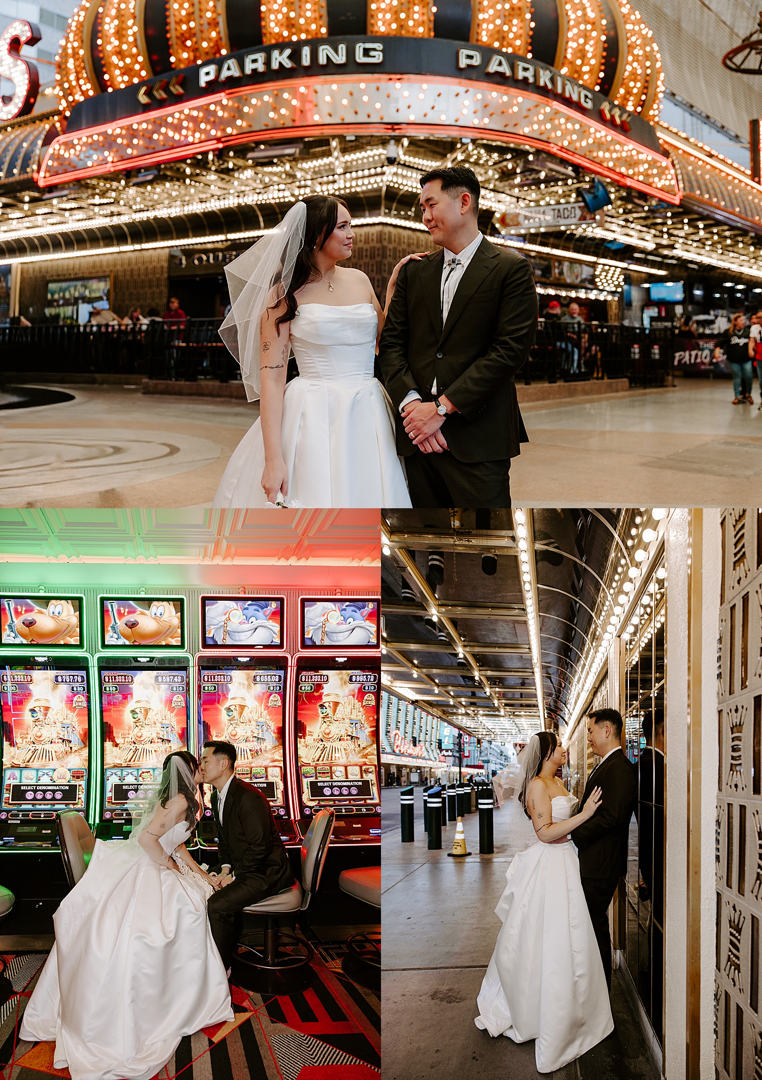 bride and groom share a kiss in front of slot machines by Las Vegas wedding photographer