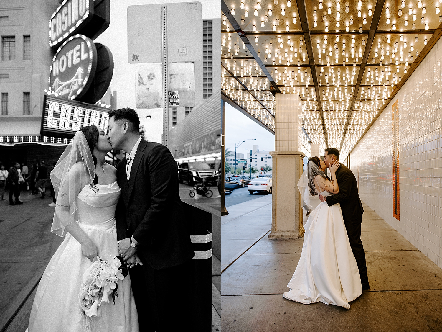 man and woman kiss under lights on street for fun-filled celebration
