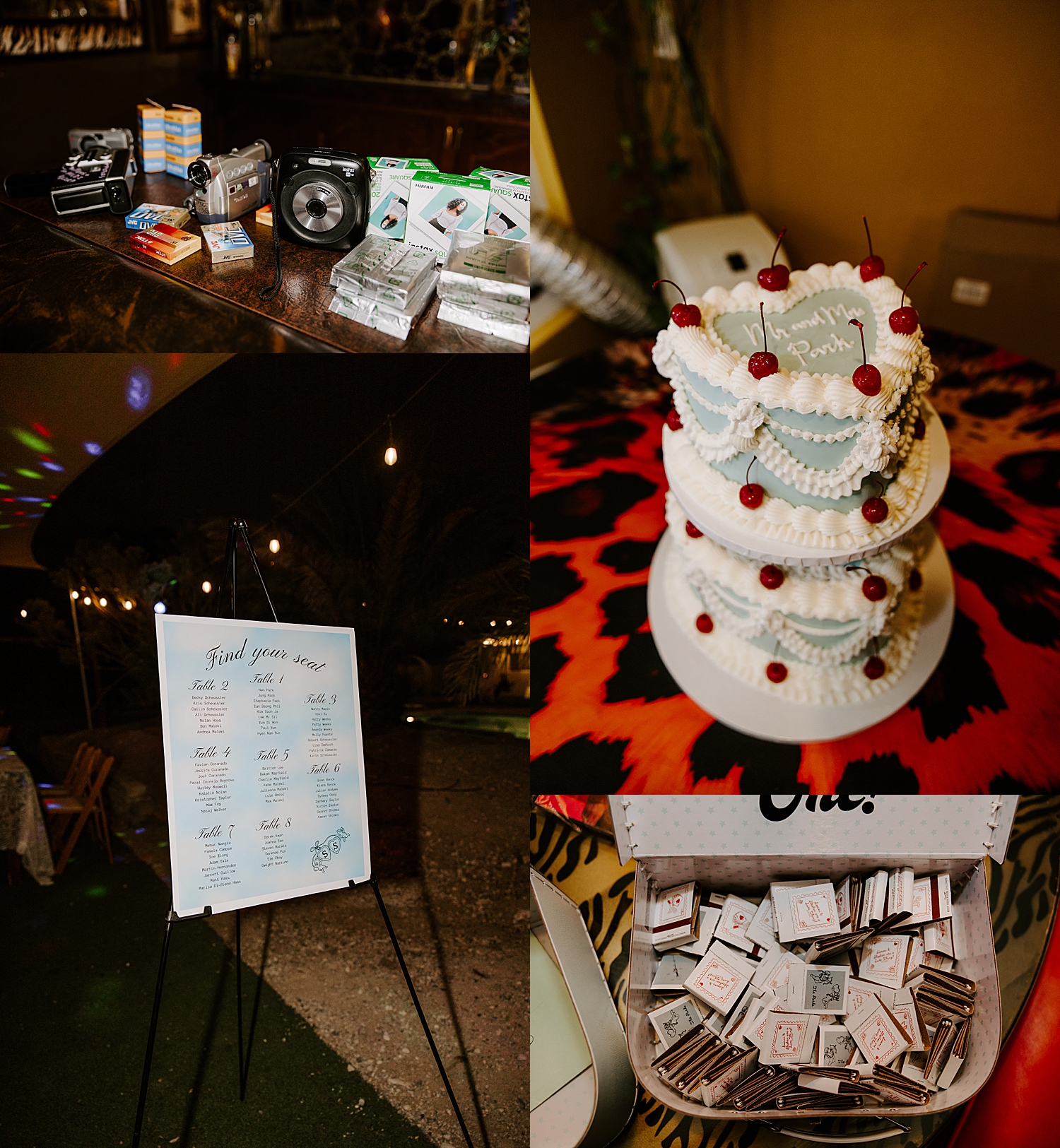 blue tiered cake on colorful tablecloth by Las Vegas wedding photographer