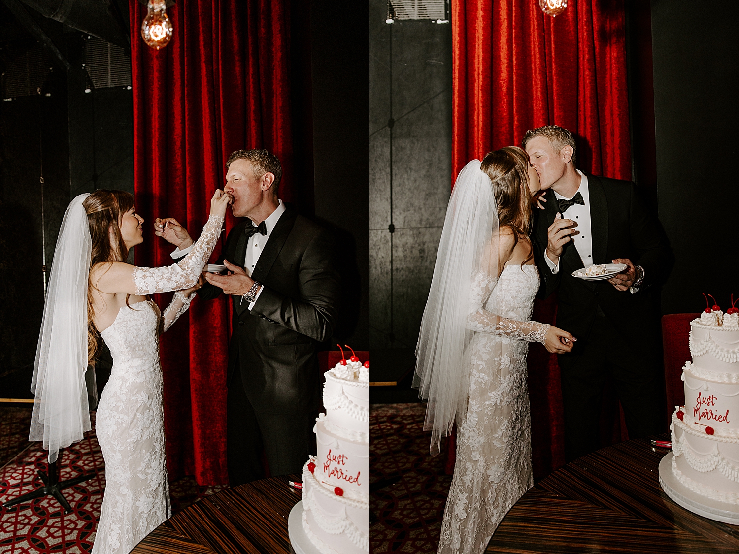 husband and wife share a piece of cake by LV Wedding photographer