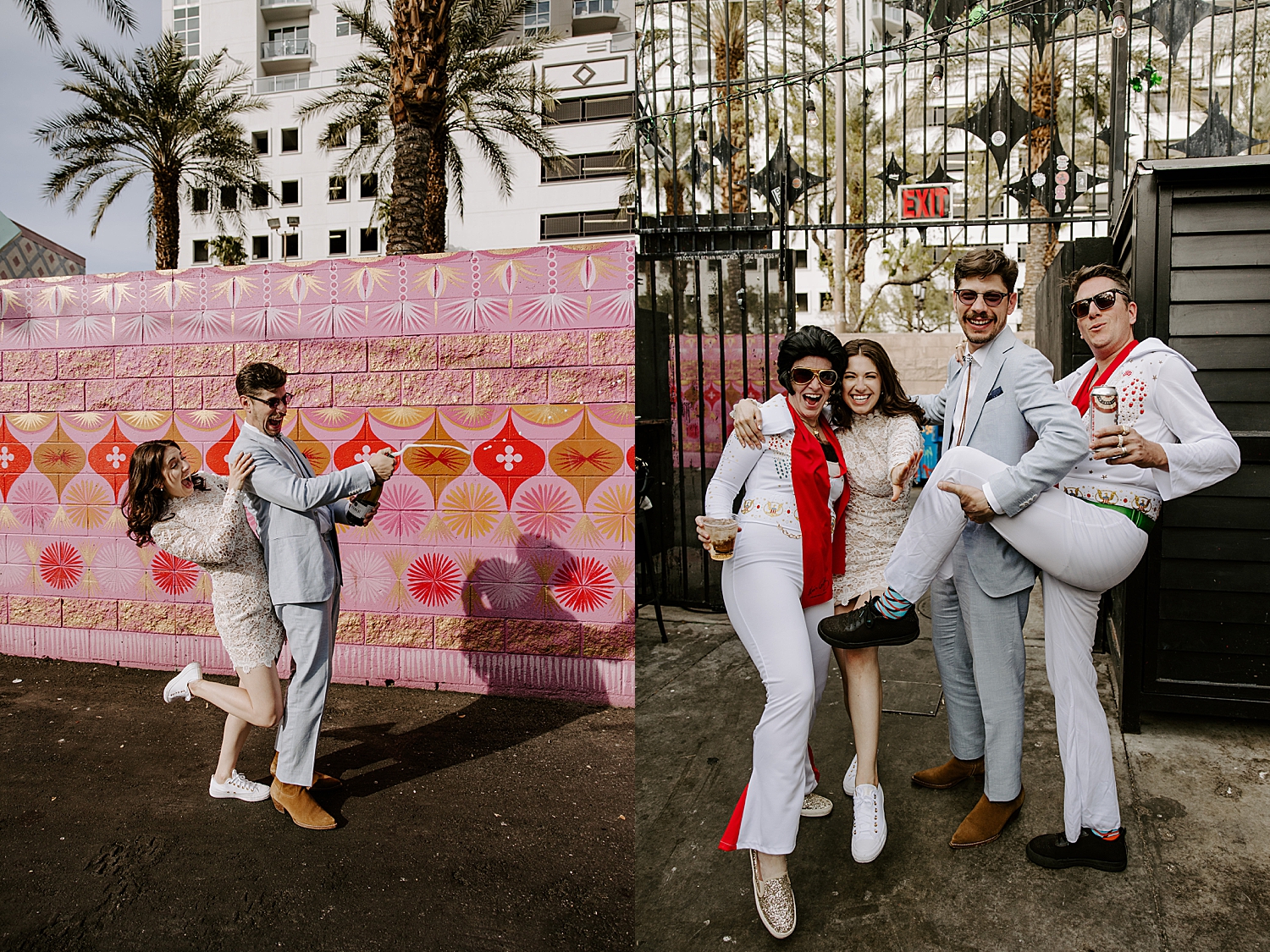 couple poses with two Elvis' on outdoor patio by Katelyn Faye Photo
