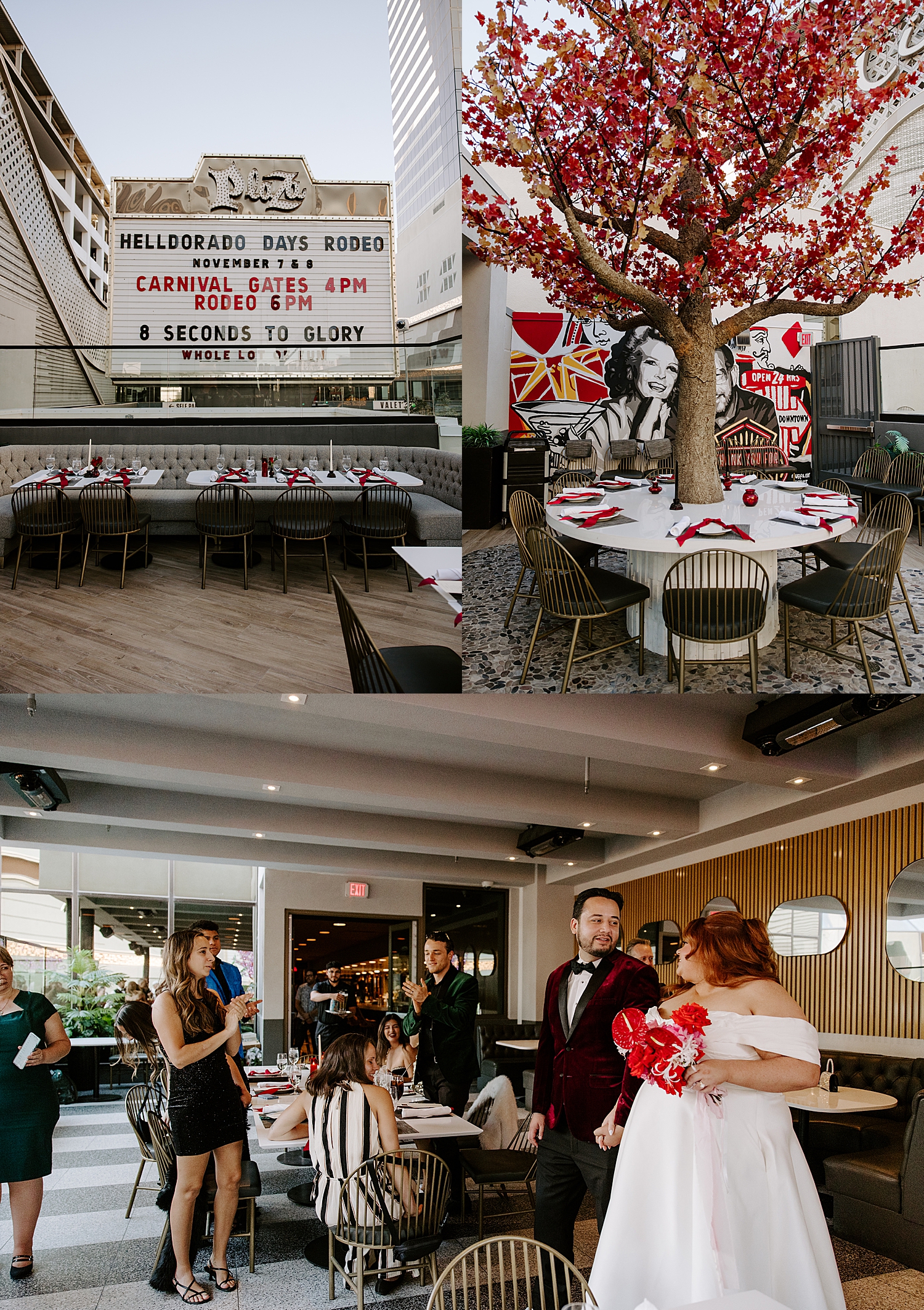 table set up around large red tree on outdoor balcony by Katelyn Faye Photo