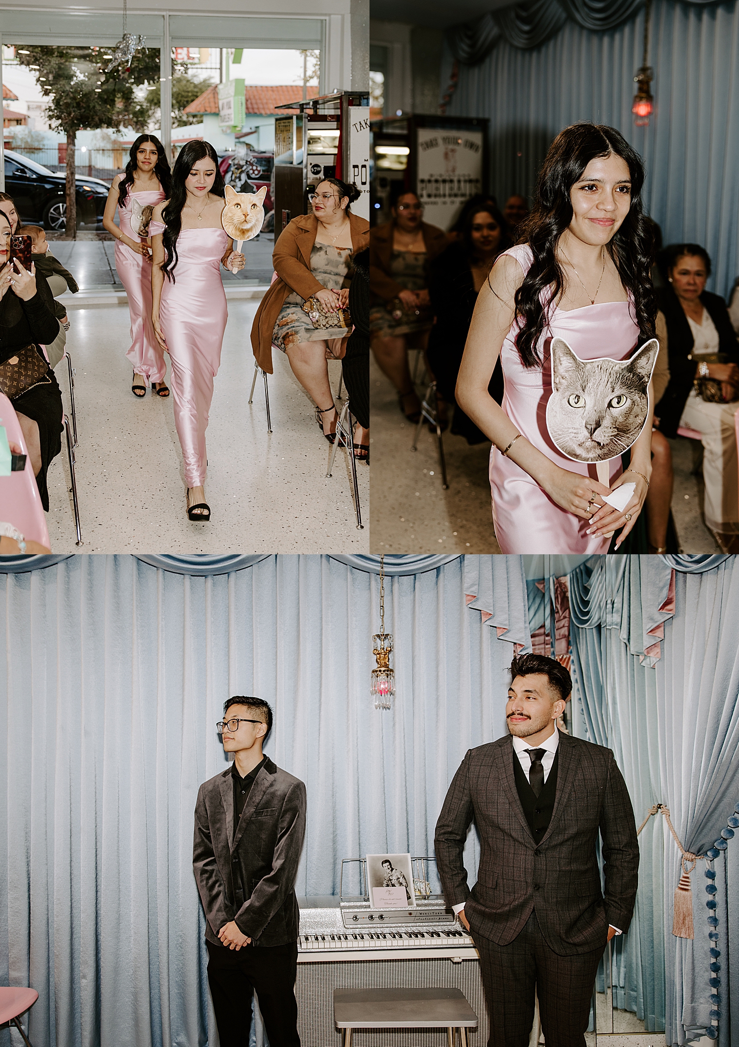 bridesmaids in pink walk with cat cut-outs at vintage aesthetic wedding