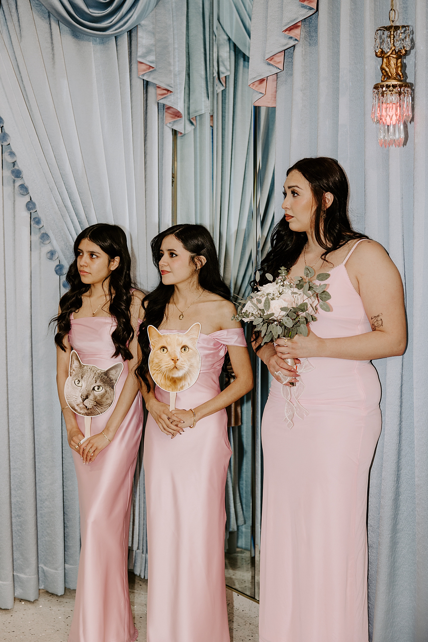 bridesmaids in long pink dresses hold cat cut-outs by Katelyn Faye Photography