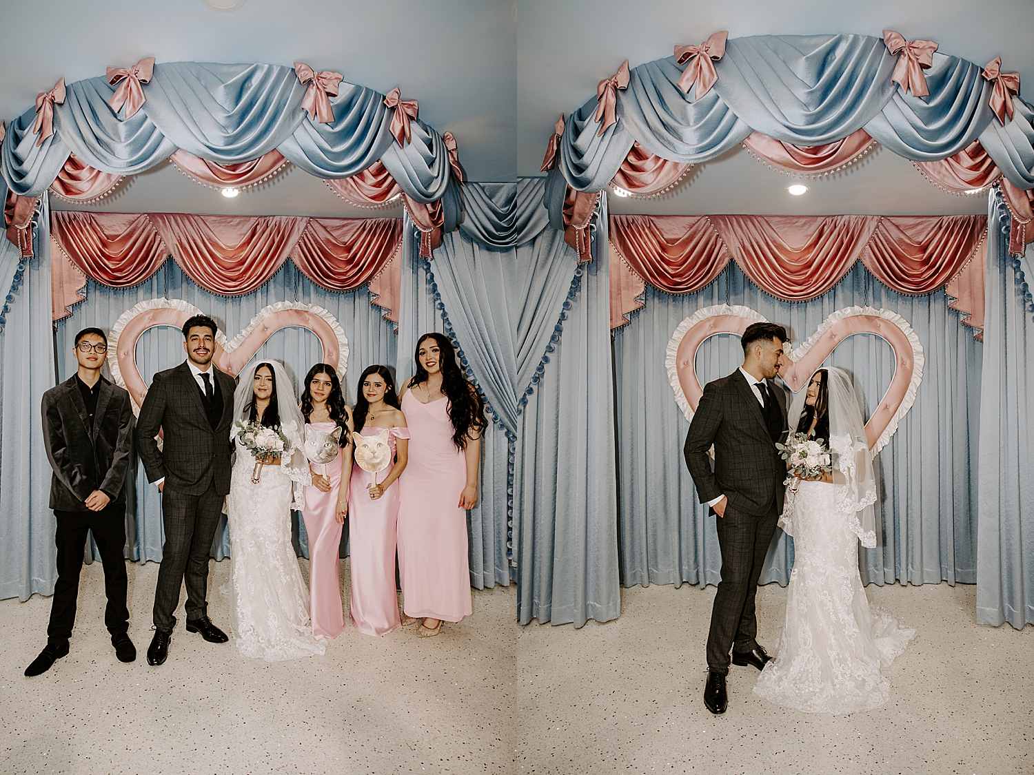 newlyweds stand with bridesmaids in pink at Sure Thing Too for vintage aesthetic wedding