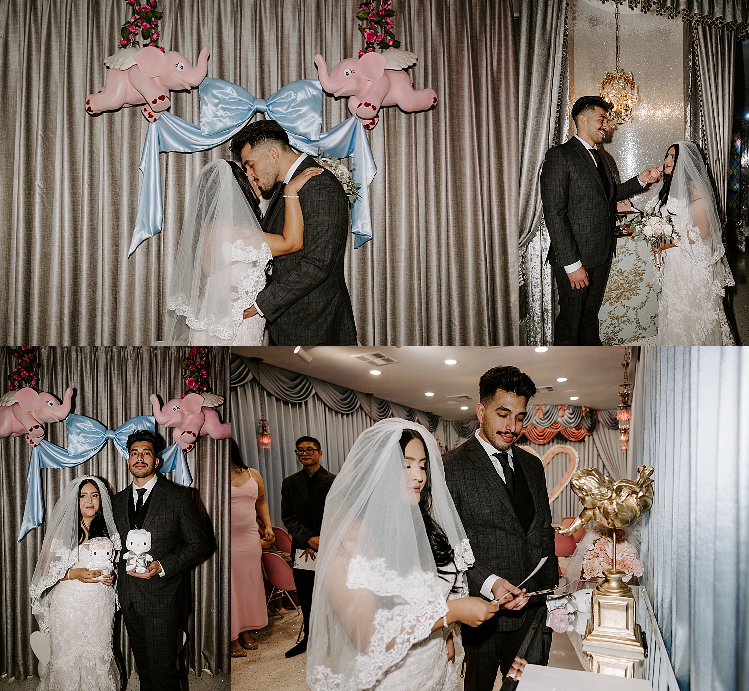 man and woman share a kiss in front of blue bow at their vintage aesthetic wedding