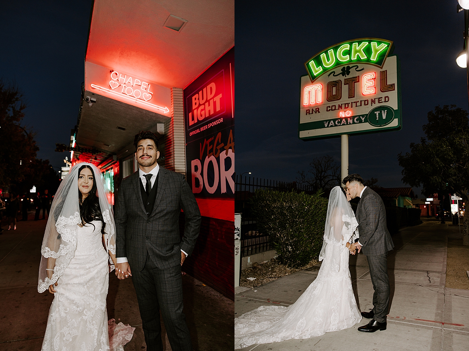 man and woman stand outside under Lucky Motel sign by Katelyn Faye Photography