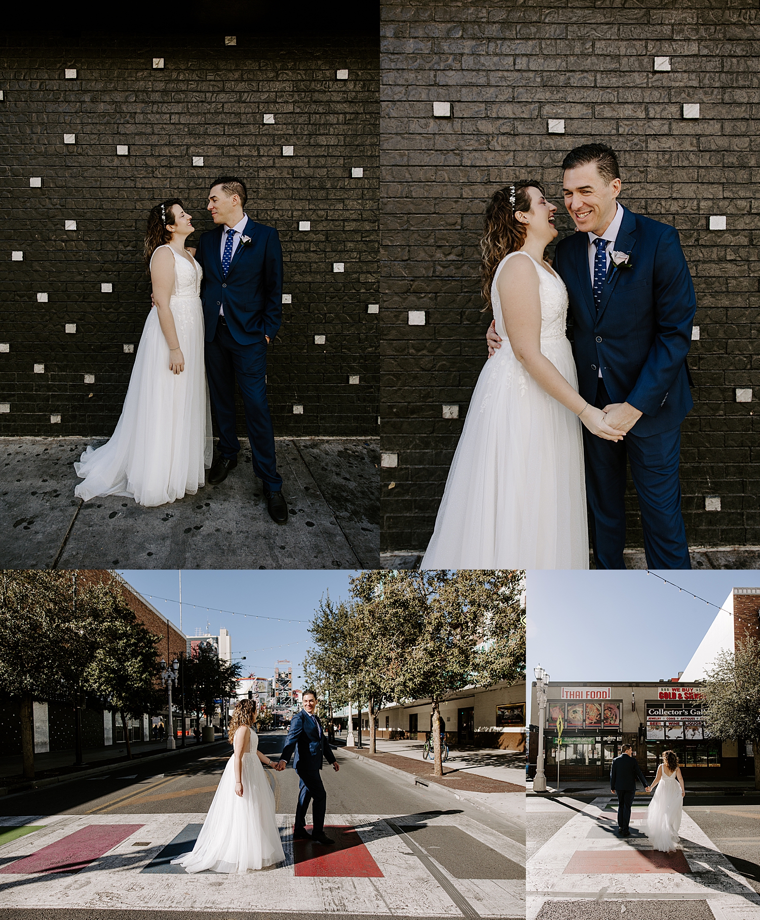 husband and wife share a laugh in front of black brick wall by Las Vegas wedding photographer