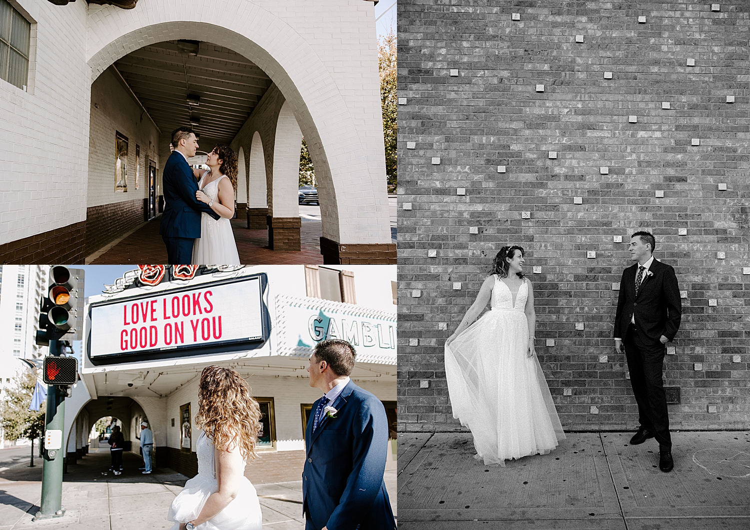 couple in bridal attire stand under arches for Fremont Street elopement portraits