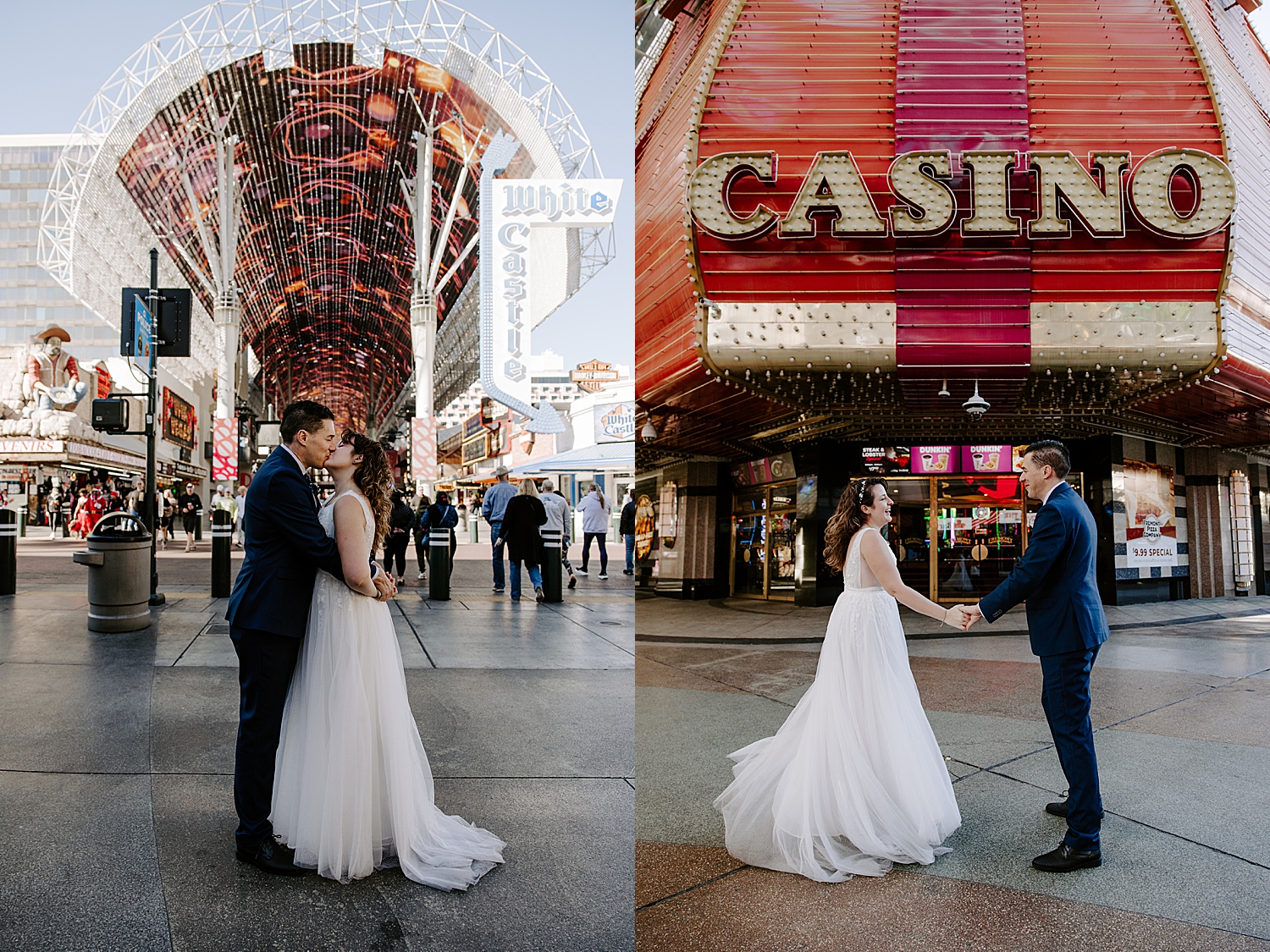 husband and wife spin and kiss in front of casino buildling for Fremont Street elopement portraits