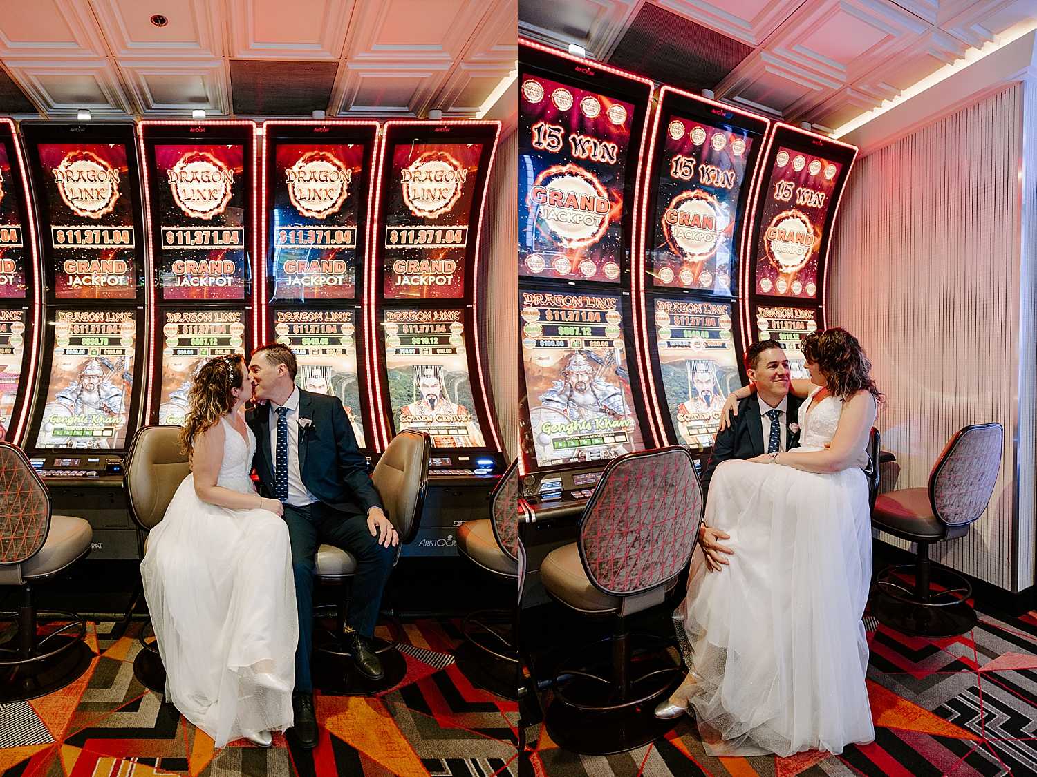 married couple share a kiss in front of slot machines by Katelyn Faye Photography