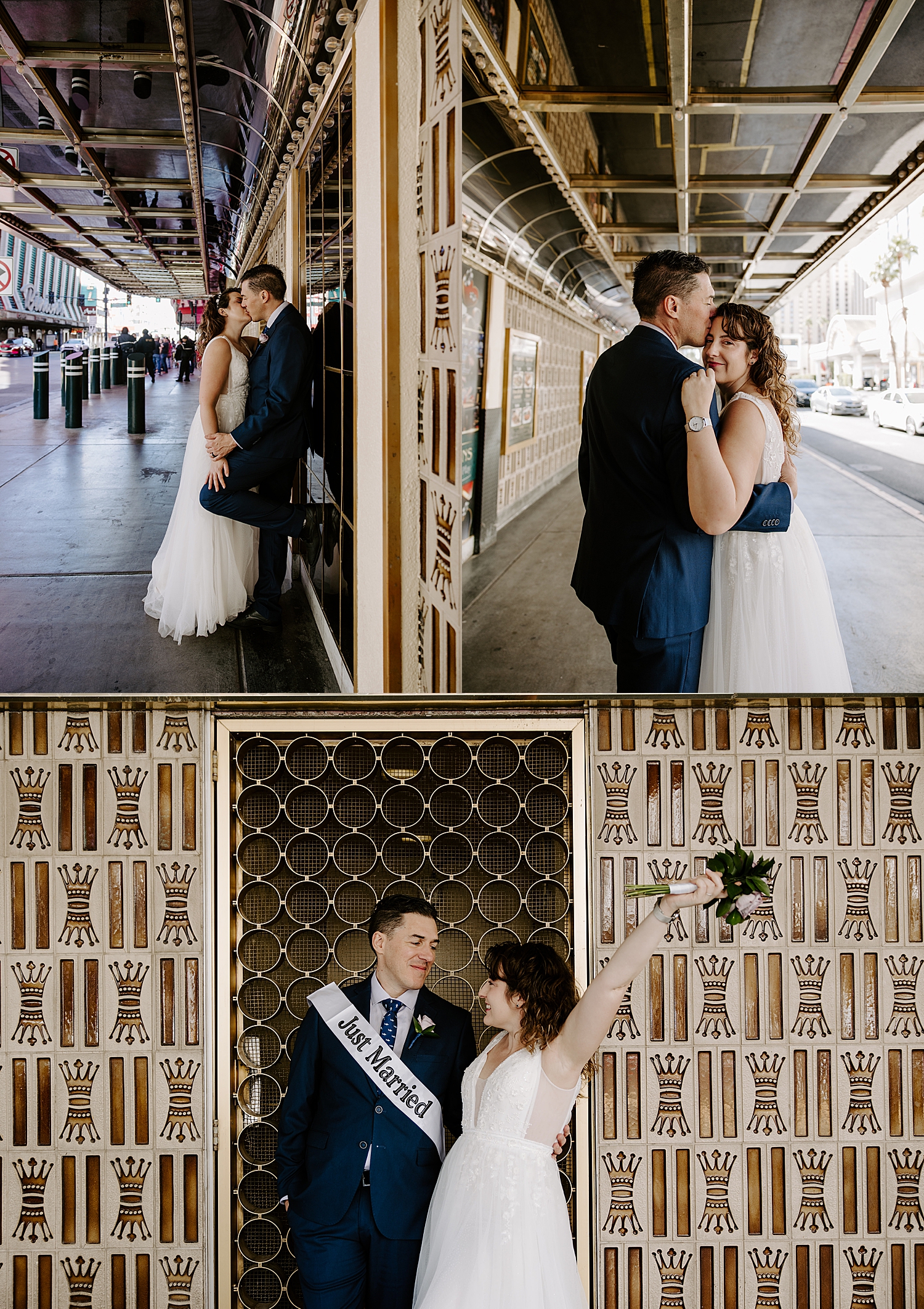 newlyweds snuggle under elaborate walkway for Fremont Street elopement portraits