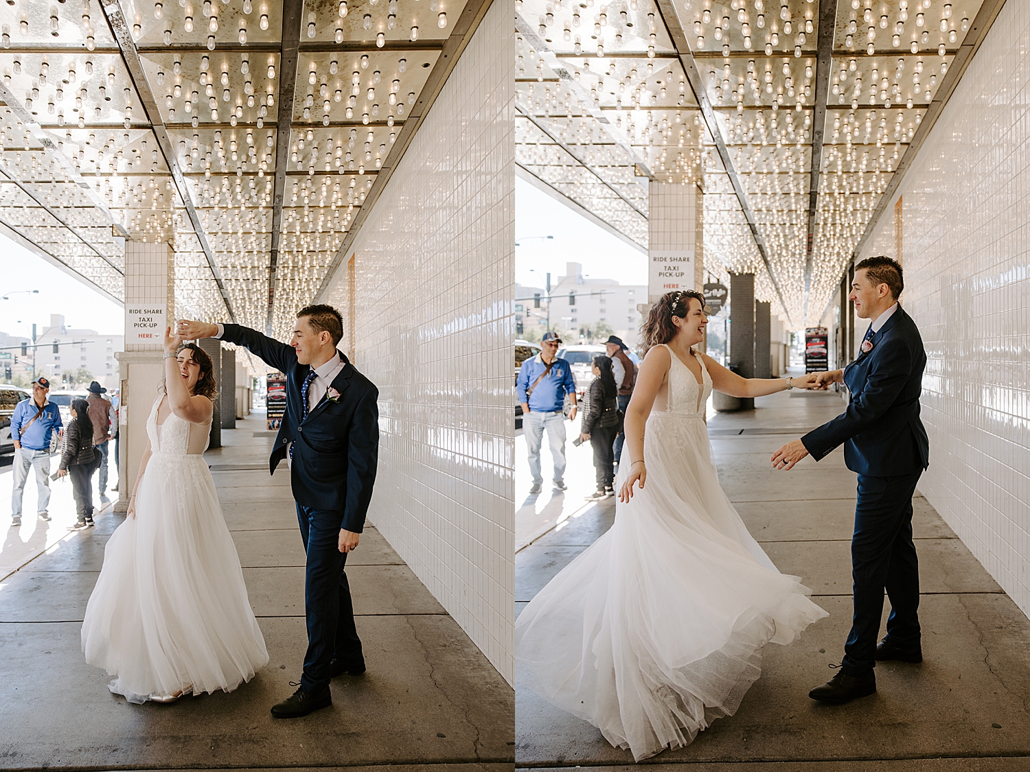 groom spins his bride under walkway of lights for Fremont Street elopement portraits